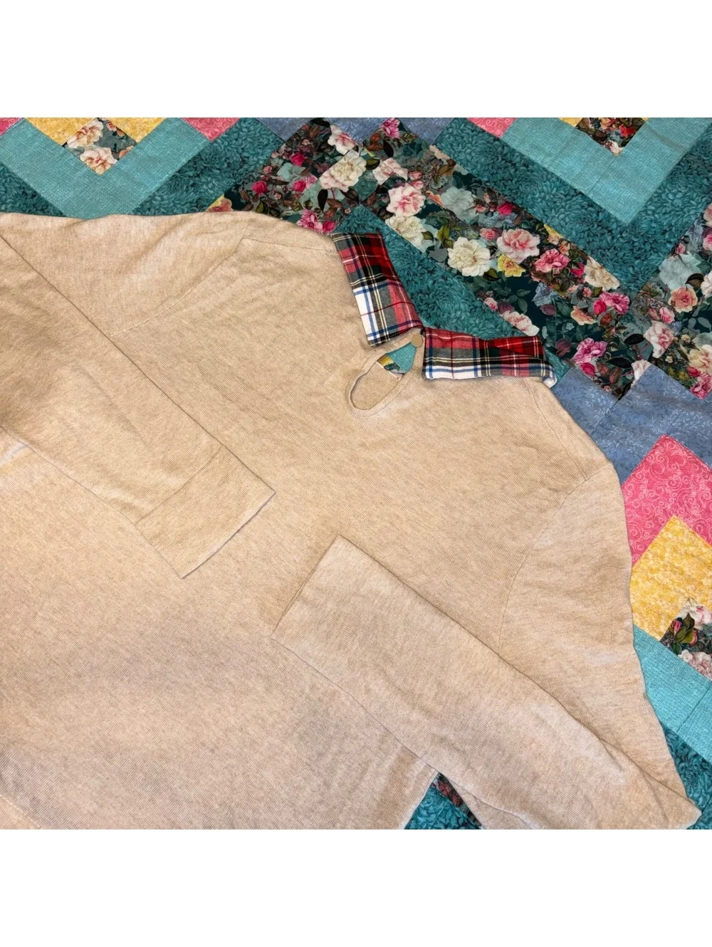 J.Crew Woman’s Small Beige Sweater with Red Plaid Collar and Hem Detail, Outdoor